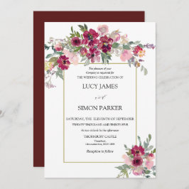 Invitación Burgundy Rubor floral con marco dorado