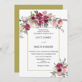 Invitación Burgundy Rubor floral con marco dorado