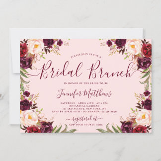 Invitación Burgundy Rubor Floral Elegant Script Bridal Brunch