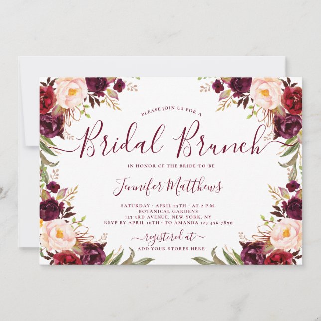 Invitación Burgundy Rubor Floral Elegant Script Bridal Brunch (Anverso)