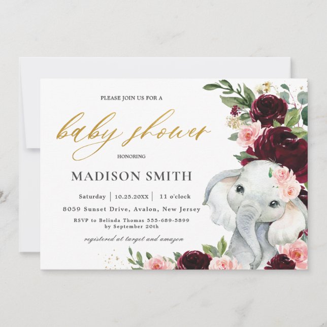 Invitación Burgundy Rubor Floral Elephant Baby Shower     (Anverso)