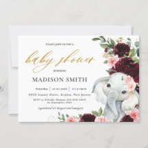 Burgundy Rubor Floral Elephant Baby Shower    