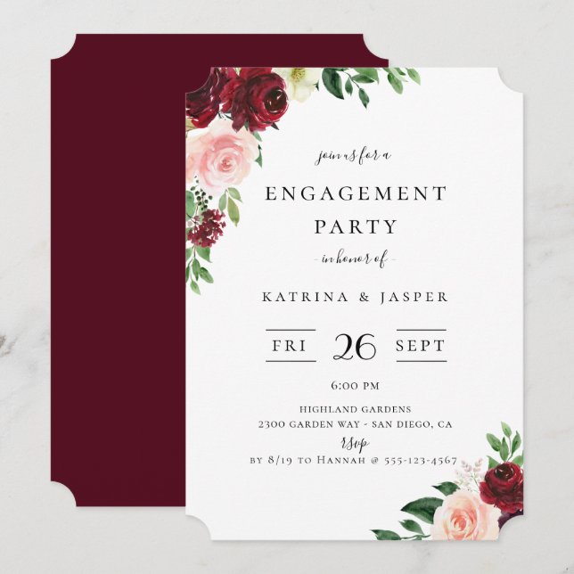 Invitación Burgundy Rubor Floral Engagement Party (Anverso / Reverso)