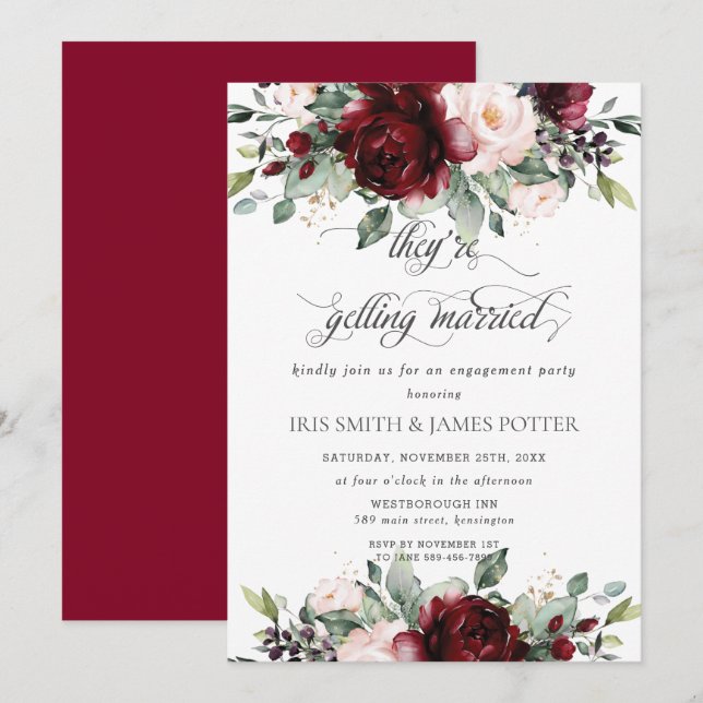 Invitación Burgundy Rubor Floral Flowers Engagement Party (Anverso / Reverso)