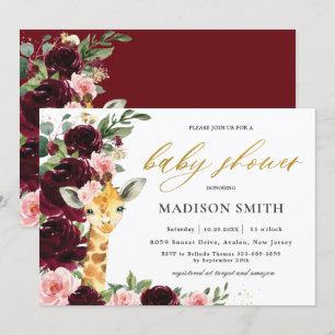 Invitación Burgundy Rubor Floral Giraffe Baby Shower