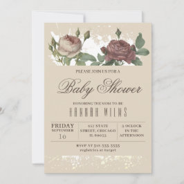Invitación Burgundy Rubor Floral Gold Baby Shower