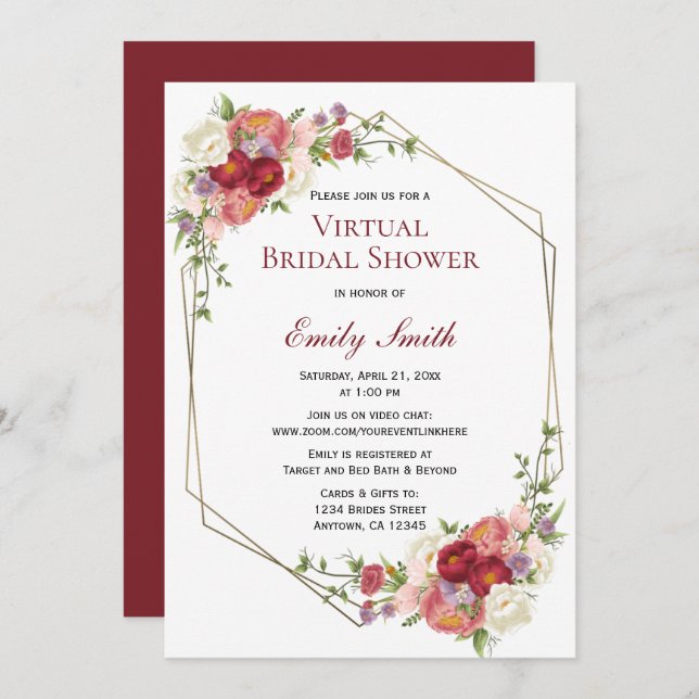 Invitación Burgundy Rubor Floral Gold | Ducha virtual de novi (Anverso / Reverso)