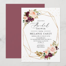 Invitación Burgundy Rubor Floral Gold Geométrico Bridal Showe