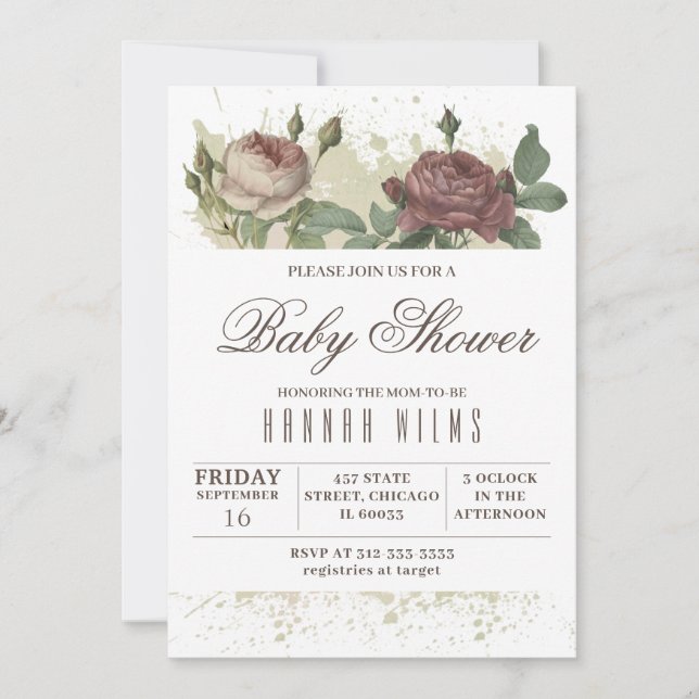 Invitación Burgundy Rubor Floral Gold Invita Chica Baby Showe (Anverso)