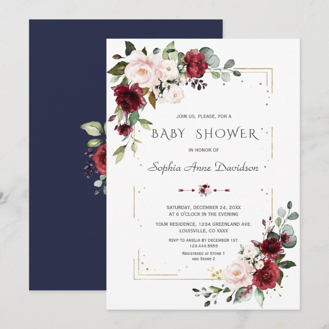 Invitación Burgundy Rubor Floral Gold Purpurina Baby Shower (Anverso / Reverso)