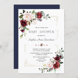Invitación Burgundy Rubor Floral Gold Purpurina Baby Shower