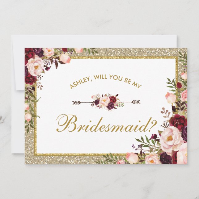 Invitación Burgundy Rubor Floral Gold Purpurina Bridesmaid Ca (Anverso)