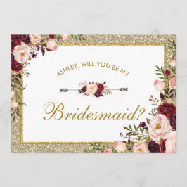 Invitación Burgundy Rubor Floral Gold Purpurina Bridesmaid Ca