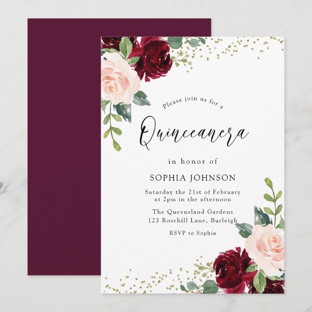 Invitación Burgundy Rubor Floral Gold Purpurina Quinceanera (Anverso / Reverso)