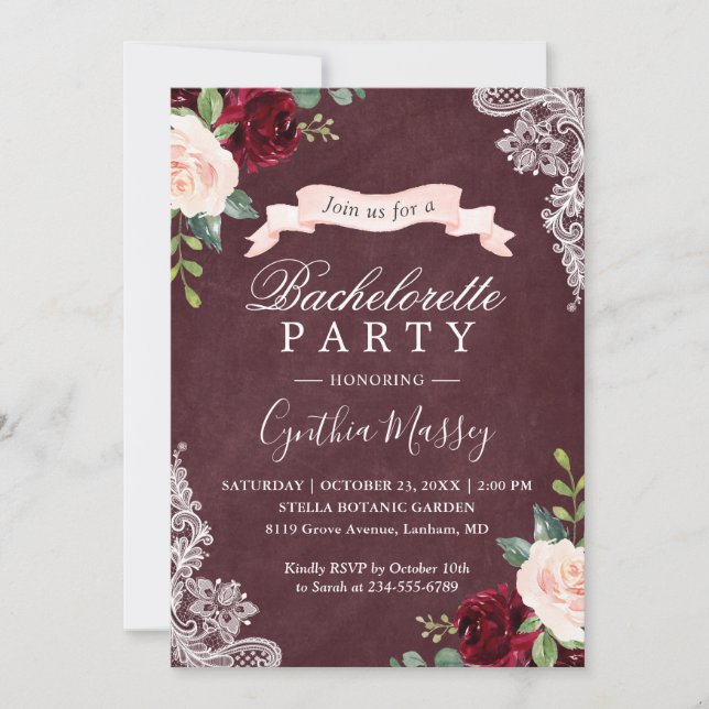 Invitación Burgundy Rubor Floral Lace Bachelorette Party (Anverso)