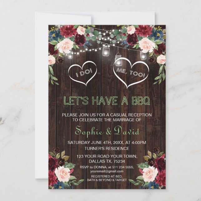 Invitación Burgundy Rubor Floral Lights Wood I DO BBQ (Anverso)