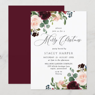 Invitación Burgundy Rubor Floral Merry Christmas Fiesta