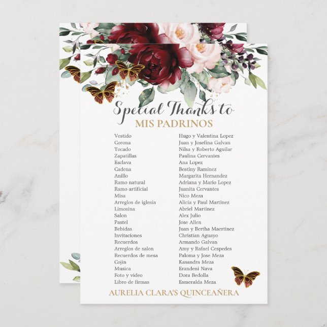 Invitación Burgundy Rubor Floral QUINCEAÑERA Padrinos Card (Anverso / Reverso)