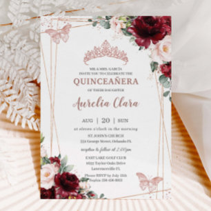Invitación Burgundy Rubor Floral Rosa Gold Tiara Quinceañera