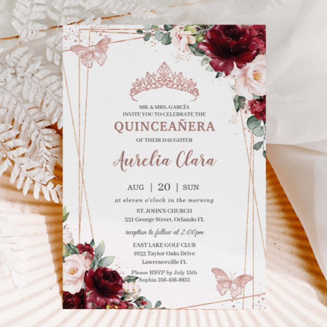 Invitación Burgundy Rubor Floral Rosa Gold Tiara Quinceañera (Subido por el creador)