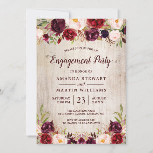 Invitación Burgundy Rubor Floral Rustic Wood Engagement Party