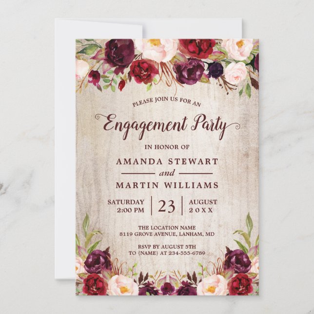 Invitación Burgundy Rubor Floral Rustic Wood Engagement Party (Anverso)