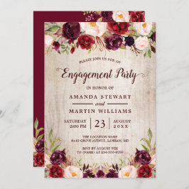 Invitación Burgundy Rubor Floral Rustic Wood Engagement Party