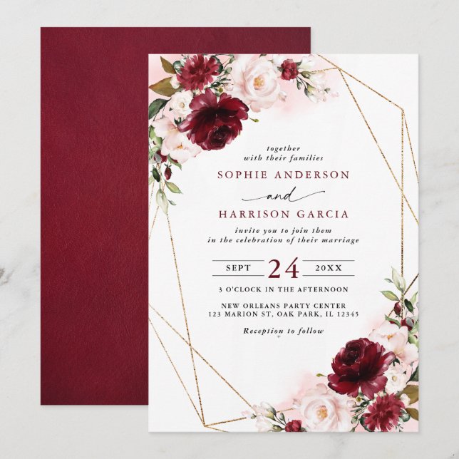 Invitación Burgundy Rubor Floral Y Boda Geométrico De Oro (Anverso / Reverso)