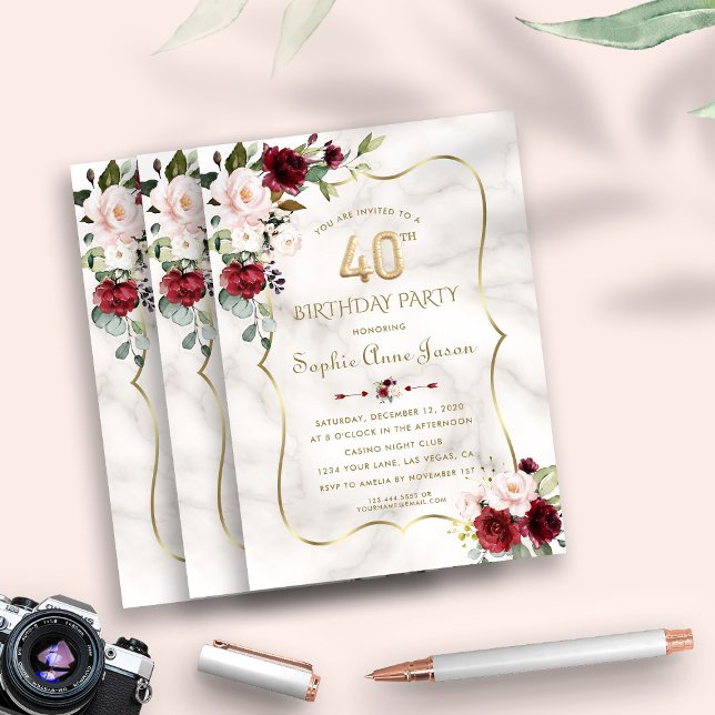 Invitación Burgundy Rubor florece oro mármol 40 cumpleaños (Subido por el creador)
