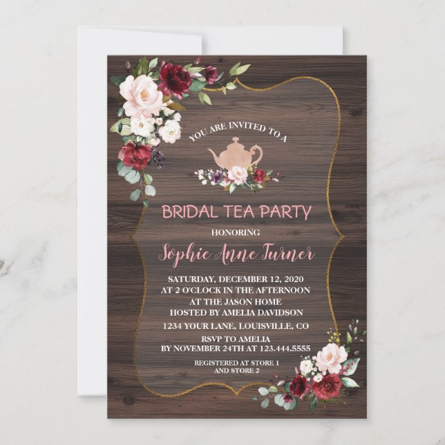 Invitación Burgundy Rubor Flores Fiesta de té de novia madere (Anverso)