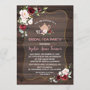 Invitación Burgundy Rubor Flores Fiesta de té de novia madere