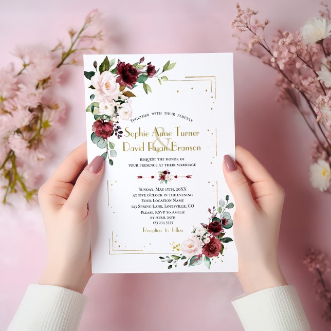 Invitación Burgundy Rubor Flores Purpurina Boda (Subido por el creador)