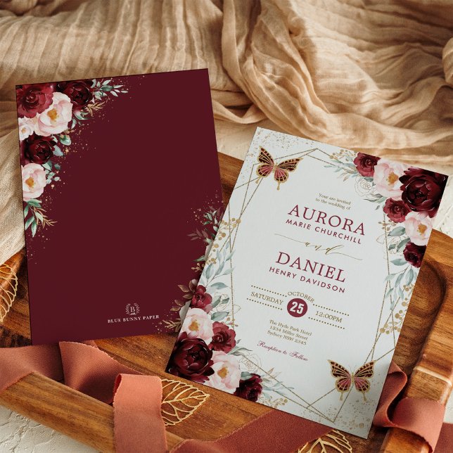 Invitación Burgundy Rubor Gold Floral Butterfly Boda (Subido por el creador)
