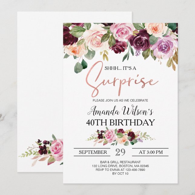 Invitación Burgundy Rubor Guión rosado Sorpresa Fiesta de cum (Anverso / Reverso)