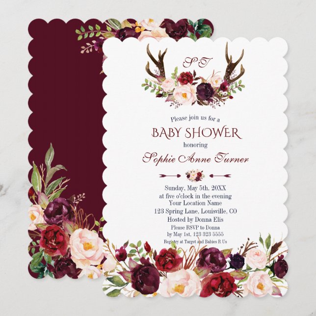 Invitación Burgundy Rubor Marsala Floral Antlers Baby Shower (Anverso / Reverso)
