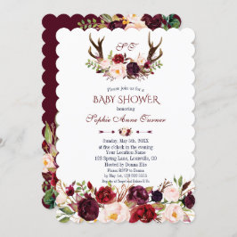 Invitación Burgundy Rubor Marsala Floral Antlers Baby Shower