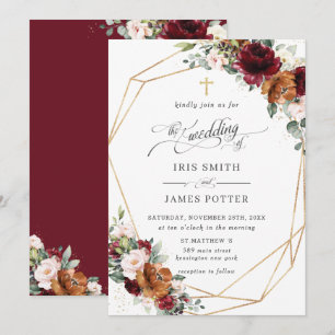 Invitación Burgundy Rubor Naranja Floral Iglesia Boda  