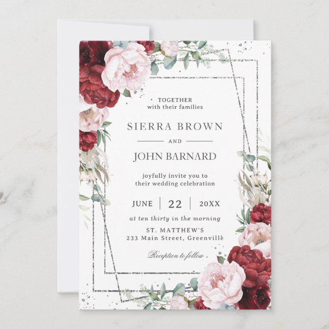 Invitación Burgundy Rubor Peonies Floral Silver Geométrico (Anverso)
