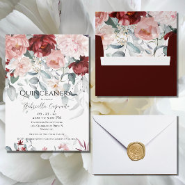Invitación Burgundy Rubor Pink Floral Quinceañera