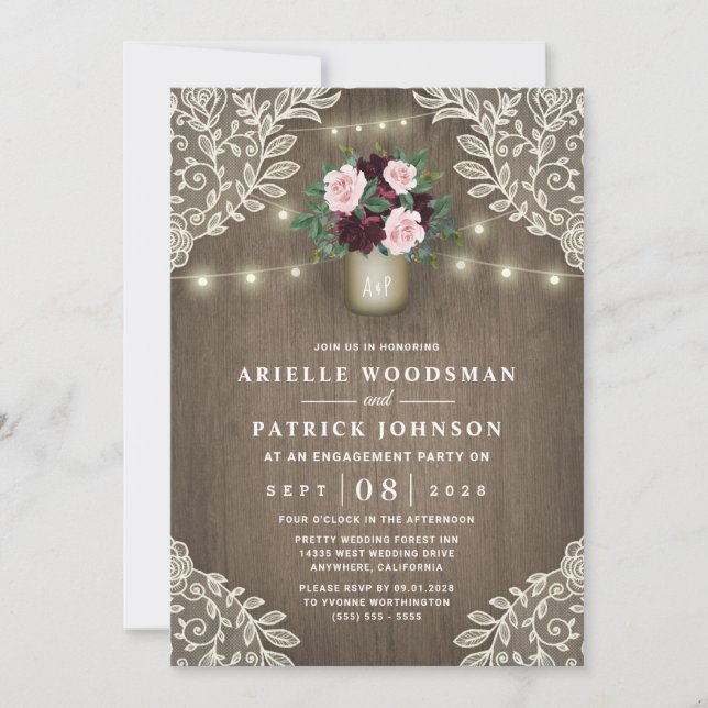 Invitación Burgundy Rubor Pink Gold Rustic Engagement Party (Anverso)