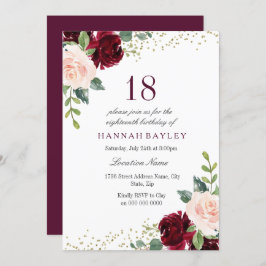 Invitación Burgundy Rubor Purpurina 18a fiesta de cumpleaños