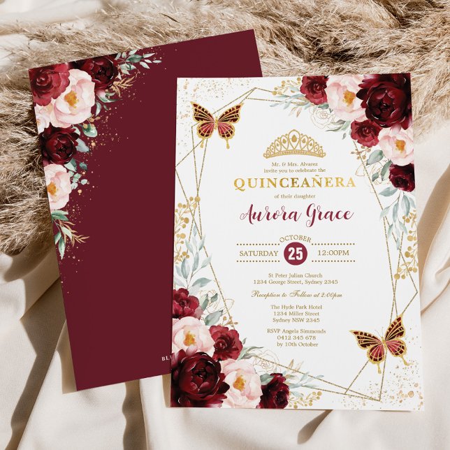 Invitación Burgundy Rubor Quinceañera Butterflies Geométrico (Subido por el creador)