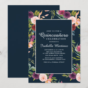 Invitación Burgundy Rubor Rosa Azul Floral Quinceañera