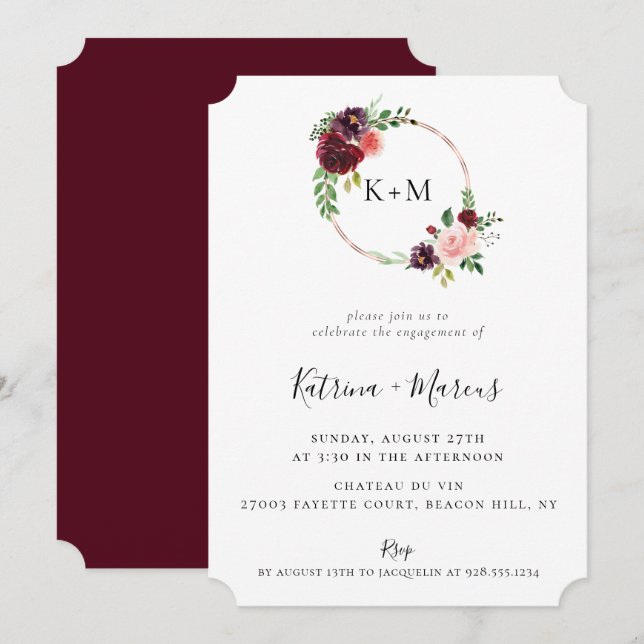 Invitación Burgundy Rubor Rosa Gold Hoop Engagement (Anverso / Reverso)