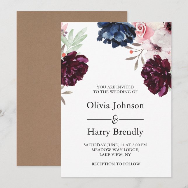 Invitación Burgundy Rubor Rústico Kraft Boda Floral (Anverso / Reverso)