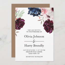 Invitación Burgundy Rubor Rústico Kraft Boda Floral