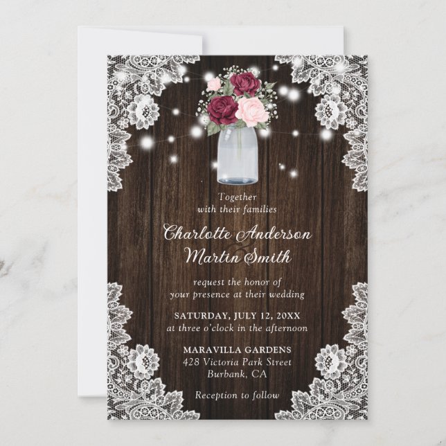 Invitación Burgundy Rubor Rústico Wood Lace Floral Boda (Anverso)