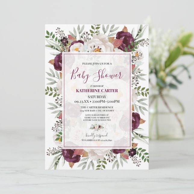 Invitación Burgundy Rubor Watercolor Baby Shower (Anverso de pie)