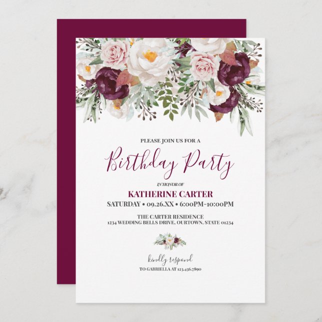 Invitación Burgundy Rubor Watercolor Birthday Party (Anverso / Reverso)