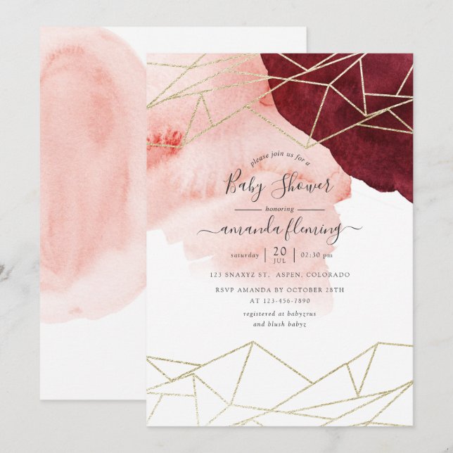Invitación Burgundy Rubor Watercolor Geométrico Baby Shower (Anverso / Reverso)